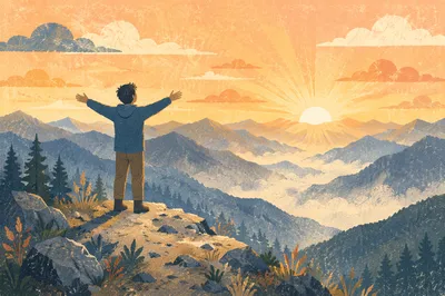 Sunrise Victory Stretch on Mountain Peak