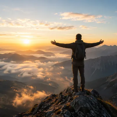 Sunrise Hiker Victory on Mountain Peak