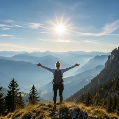 Sunrise Hiker on Peaceful Mountain Peak