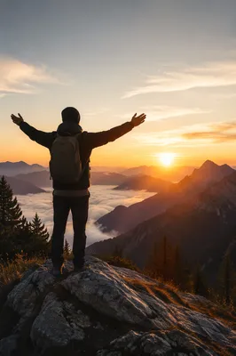 Sunrise Victory Stretch on Mountain Peak