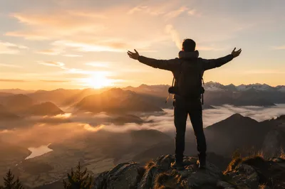 Sunrise Victory Stretch on Mountain Peak