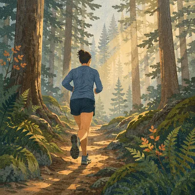 Trail Runner in Sunlit Pine Forest