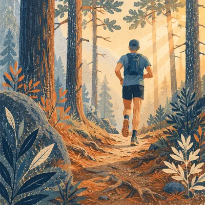 Trail Runner in Sunlit Pine Forest