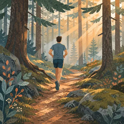 Trail Runner in Sunlit Pine Forest