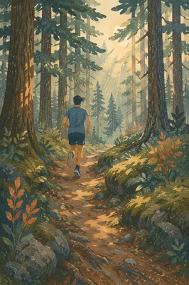Trail Runner in Sunlit Pine Forest