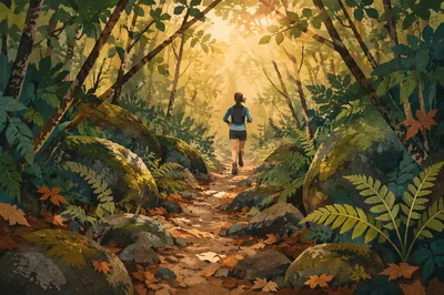 Trail Runner in Dappled Forest Sunlight