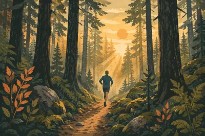 Trail Runner in Sunlit Evergreen Forest