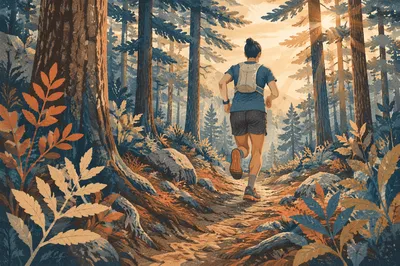 Trail Runner in Sunlit Pine Forest