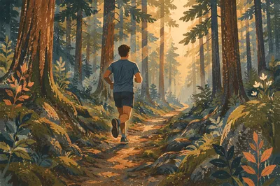 Trail Runner in Sunlit Pine Forest