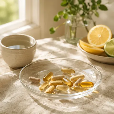 Vitamin Supplements in Glass Dish Morning Light