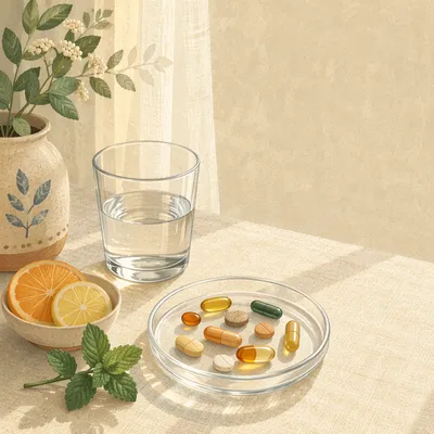 Morning Vitamin Supplements on Glass Dish