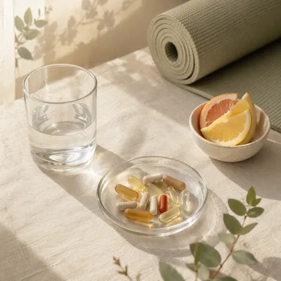 Vitamin Supplements in Glass Dish Morning Light