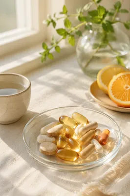 Vitamin Supplements in Glass Dish Morning Light