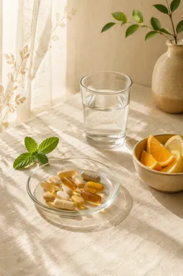 Vitamin Supplements in Glass Dish Morning Light