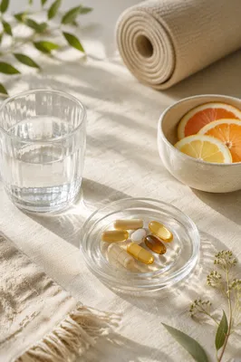 Vitamin Supplements in Glass Dish Morning Light