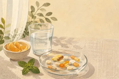Vitamin Supplements with Water in Morning Light