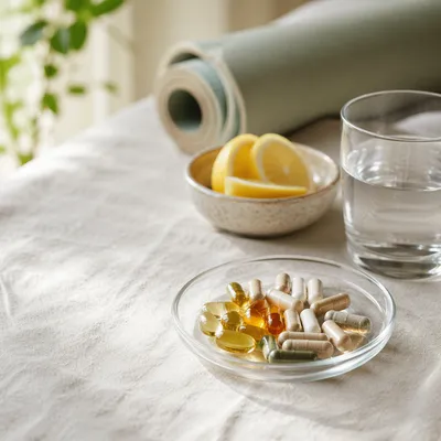 Vitamin Supplements with Water in Morning Light