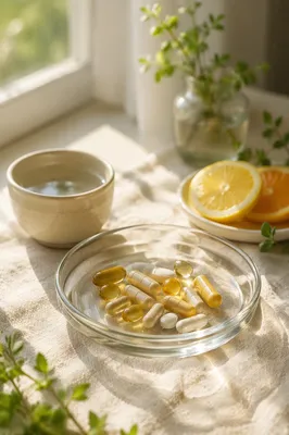 Vitamin Supplements in Glass Dish by Window