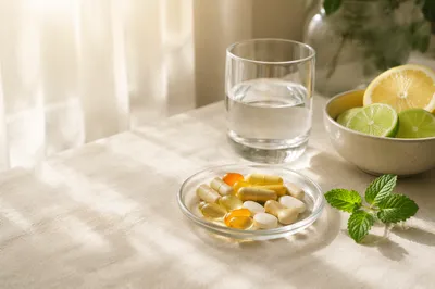 Vitamin Supplements in Glass Dish Still Life