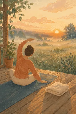 Sunrise Yoga Stretch on Misty Deck