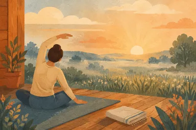 Sunrise Yoga Stretch on Quiet Wooden Deck