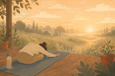 Peaceful Sunrise Yoga Stretch on Wooden Deck