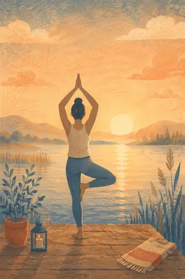 Peaceful Sunrise Yoga Silhouette by Lake