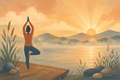 Peaceful Sunrise Yoga Silhouette by Lake