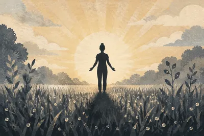 Peaceful Sunrise Yoga Silhouette in Meadow